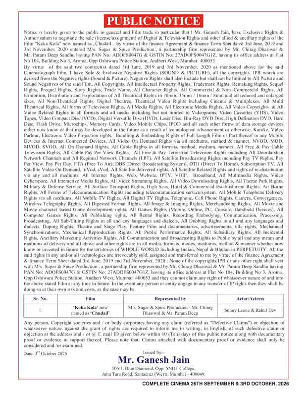 Sunny Leone-Rahul Dev’s Chudail lands in rights ROW; Ganesh Jain issues public notice claiming exclusive digital, TV and allied rights